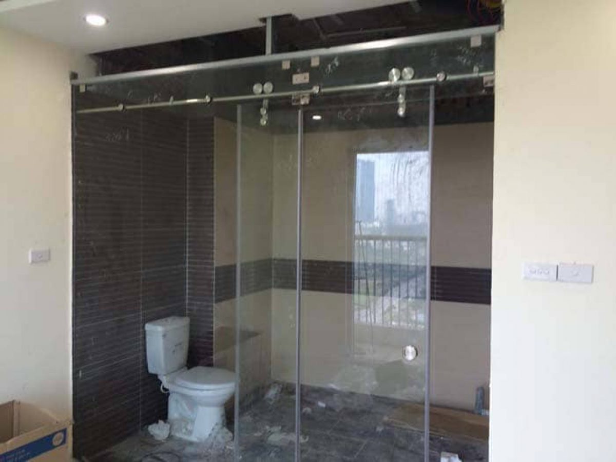 cửa kính cường lực lùa ray inox phi 25 1 cánh 4