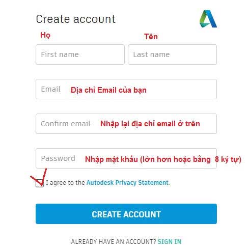 Tạo hoặc đăng nhập Autodesk Account